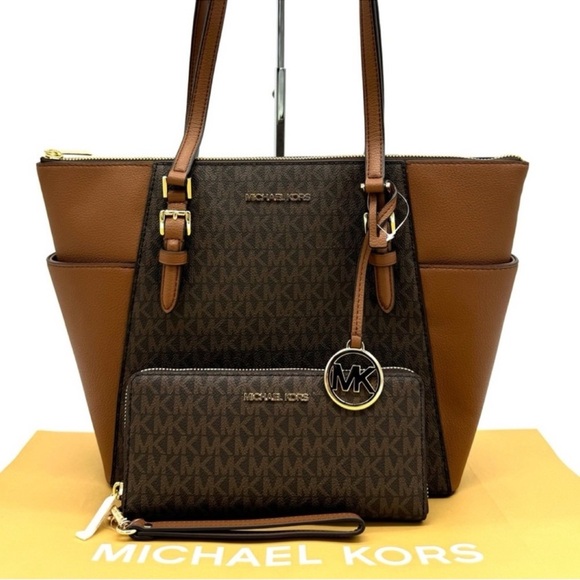 Michael Kors Large Charlotte Tote Bag & Continental Wallet Luggage Brown - Picture 1 of 13